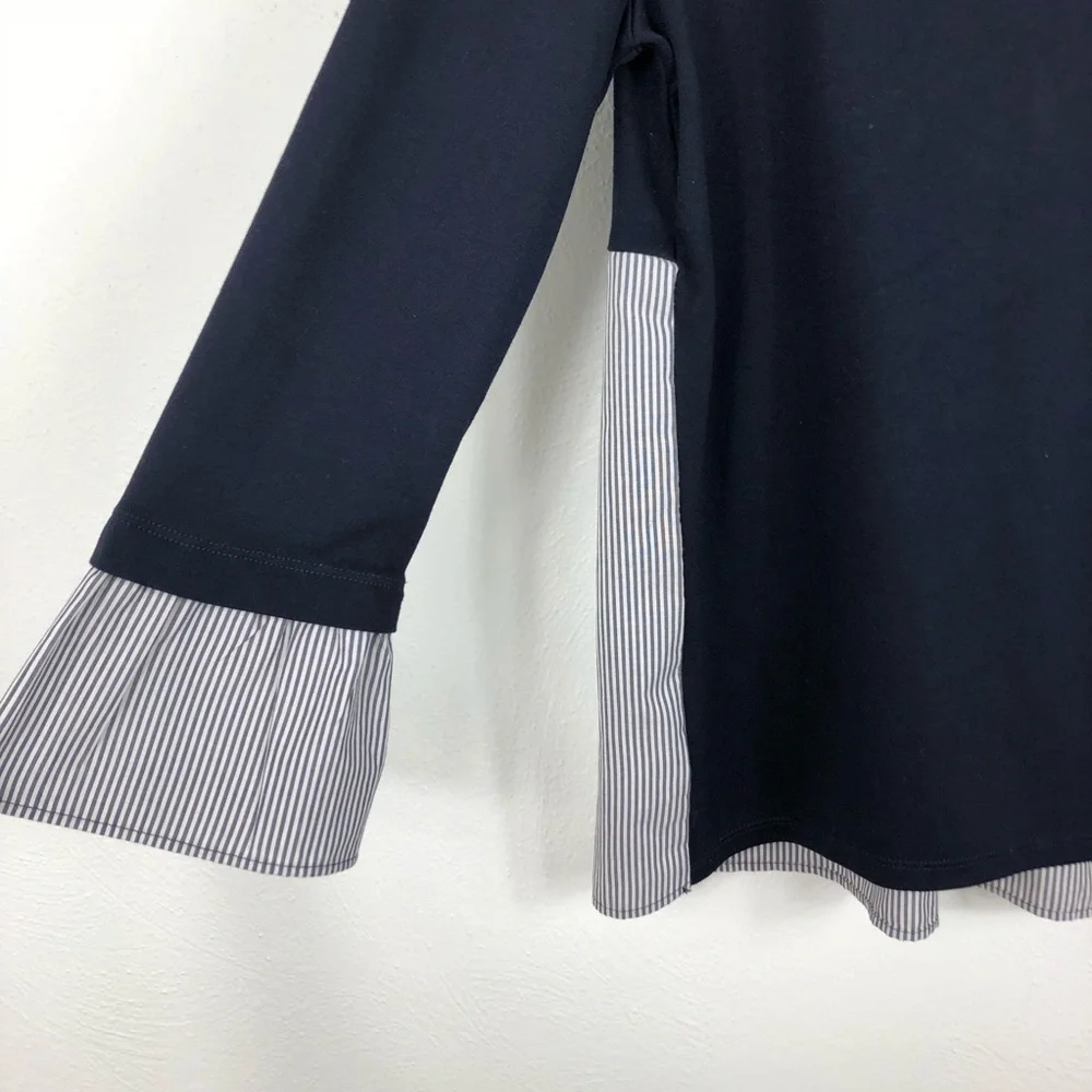 LOFT Navy Long Sleeve Striped Panel Knit Blouse - Picture 2 of 5